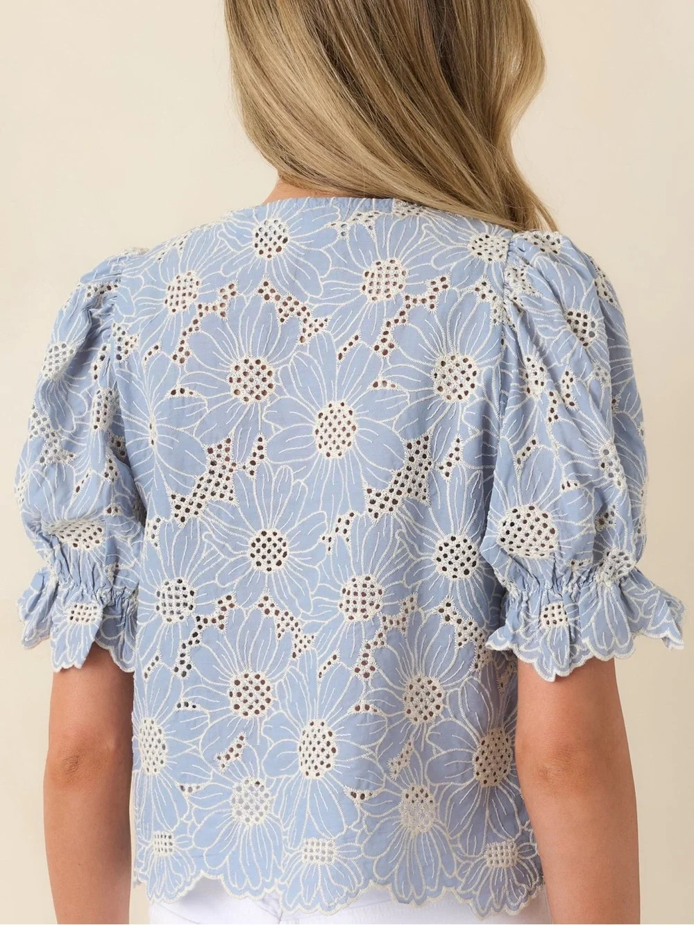 Vita Grace Blue Floral Embroidered Eyelet Cotton Puff Sleeve Blouse Top Size L - Picture 2 of 7